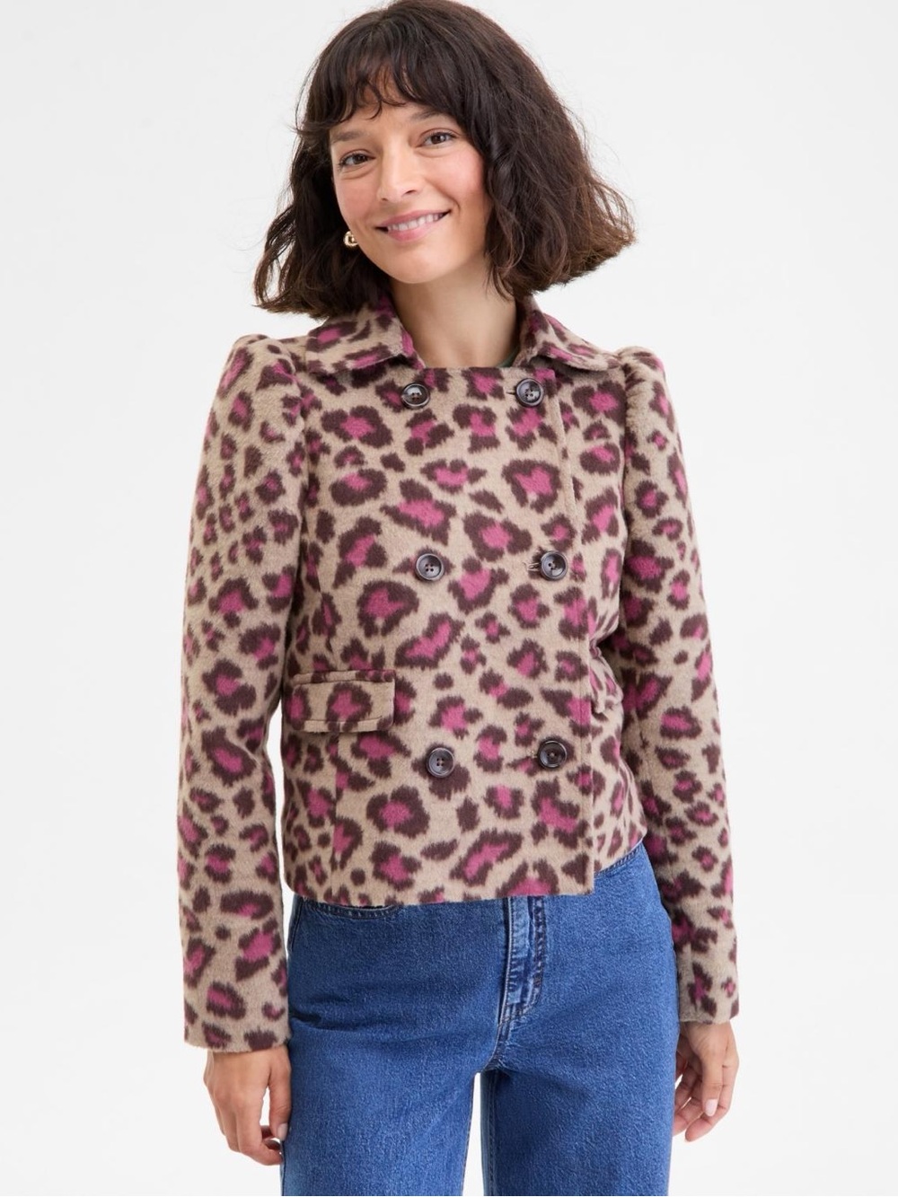 Double-Breasted Leopard Pea Coat in Pink and Tan